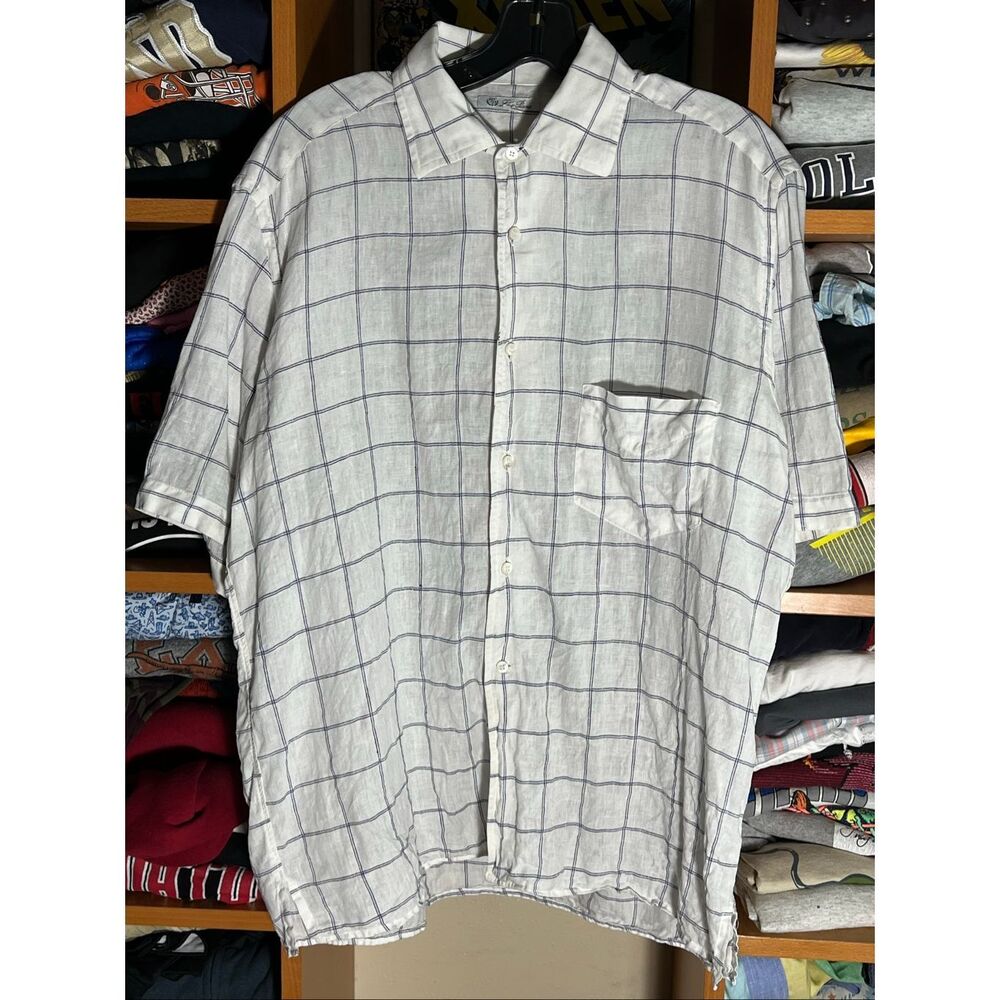 Loro Piana Men’s Linen Plaid Windowpane Short Sleeve Button Shirt Large